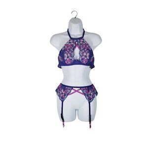 LoveHoney Set Halter Underwire Bra & Garter Purple Pink Floral OS One Size